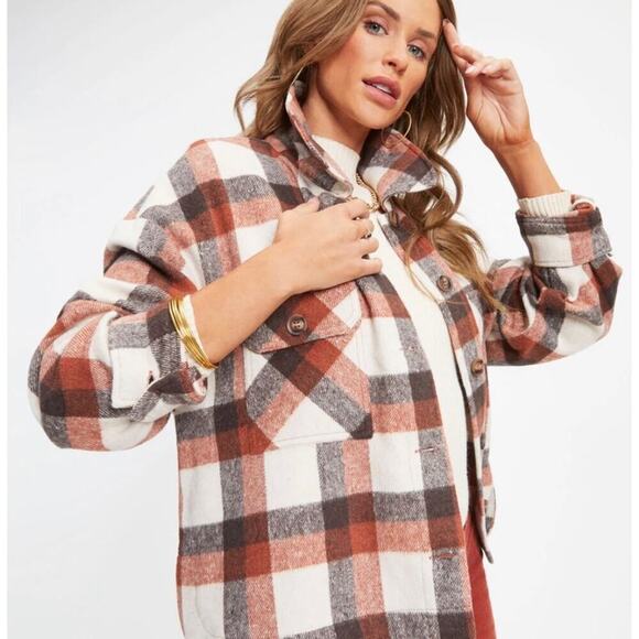 NWT VICI Ashby Plaid Rust Mix Lightweight Shacket Jacket Sz. Large - Picture 1 of 4